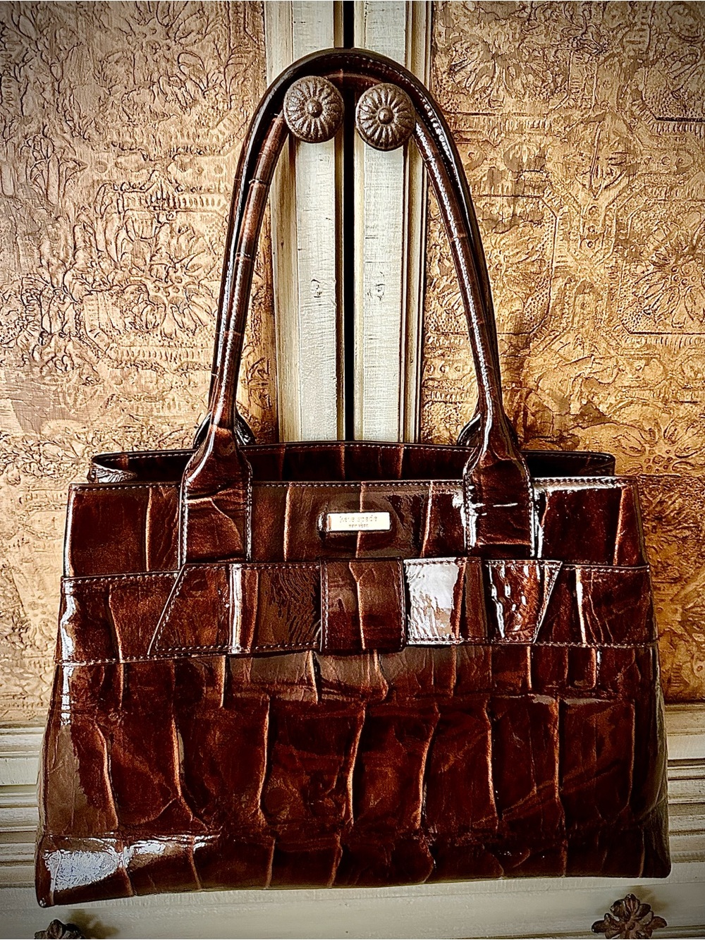 kate spade patent croc-embossed satchel in rich brown
